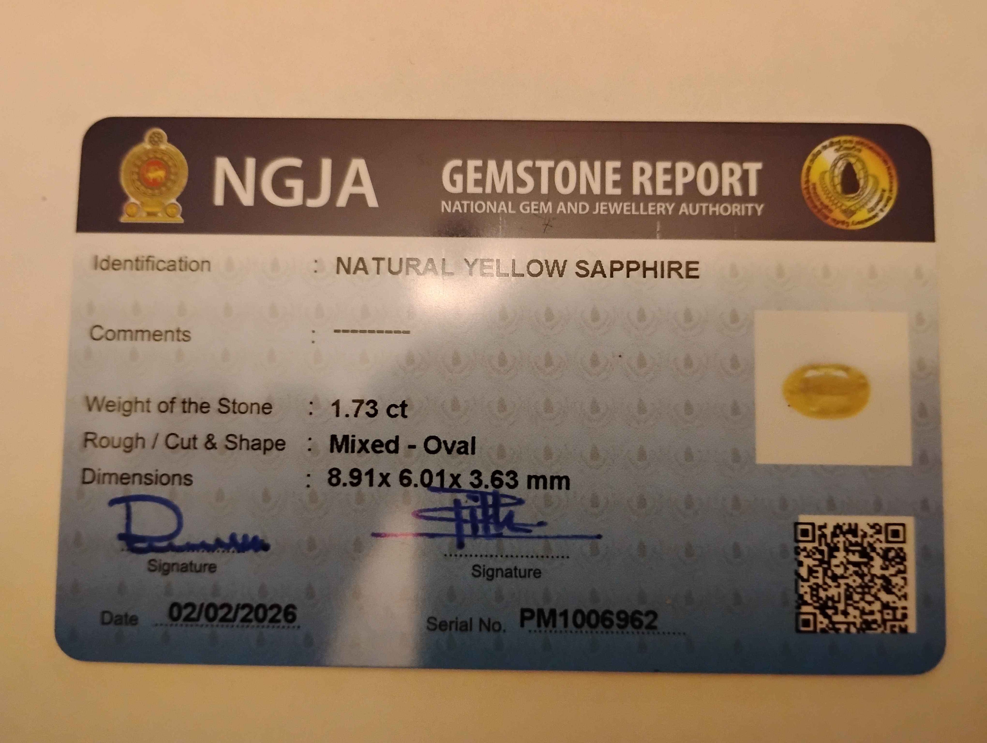 1.73 Ct Natural Ceylon Unheated Yellow Sapphire
