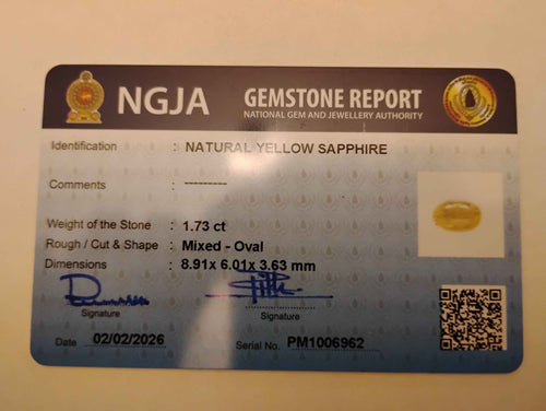 1.73 Ct Natural Ceylon Unheated Yellow Sapphire