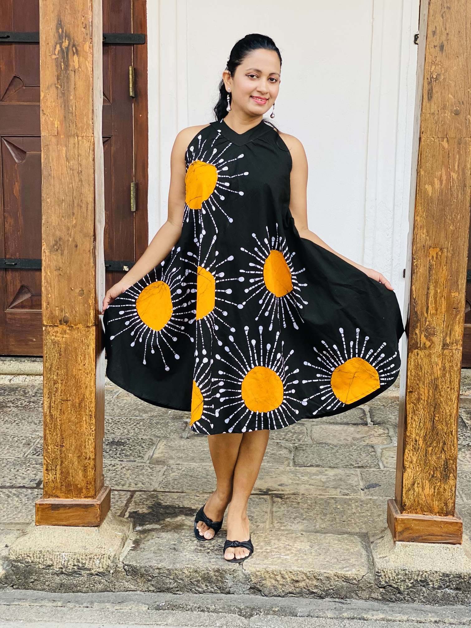 Sunburst Yellow and Black Sleeveless Halter Dress