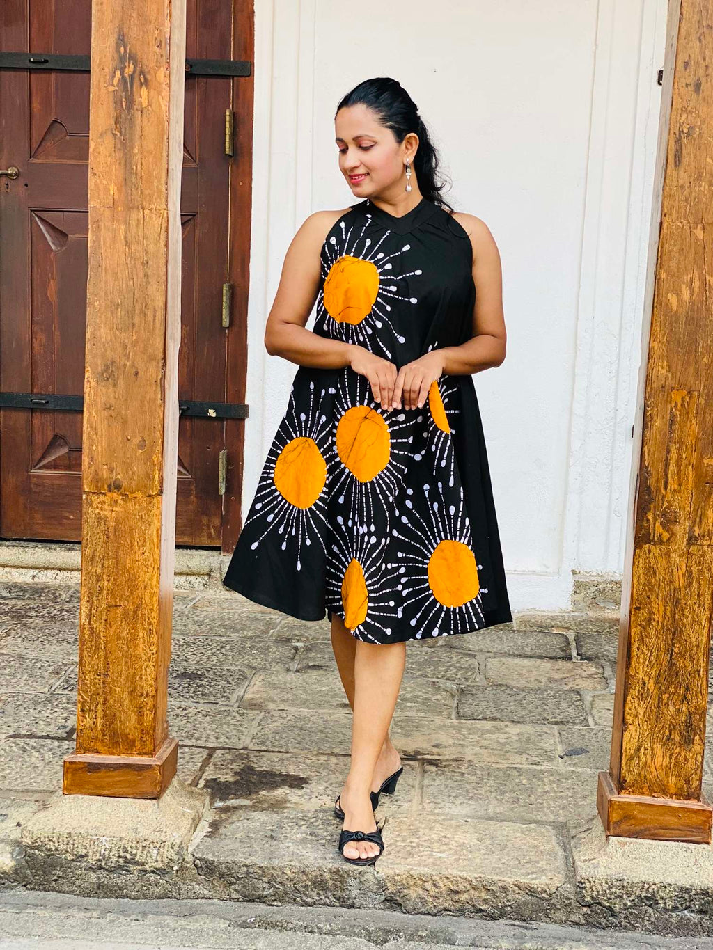Sunburst Yellow and Black Sleeveless Halter Dress