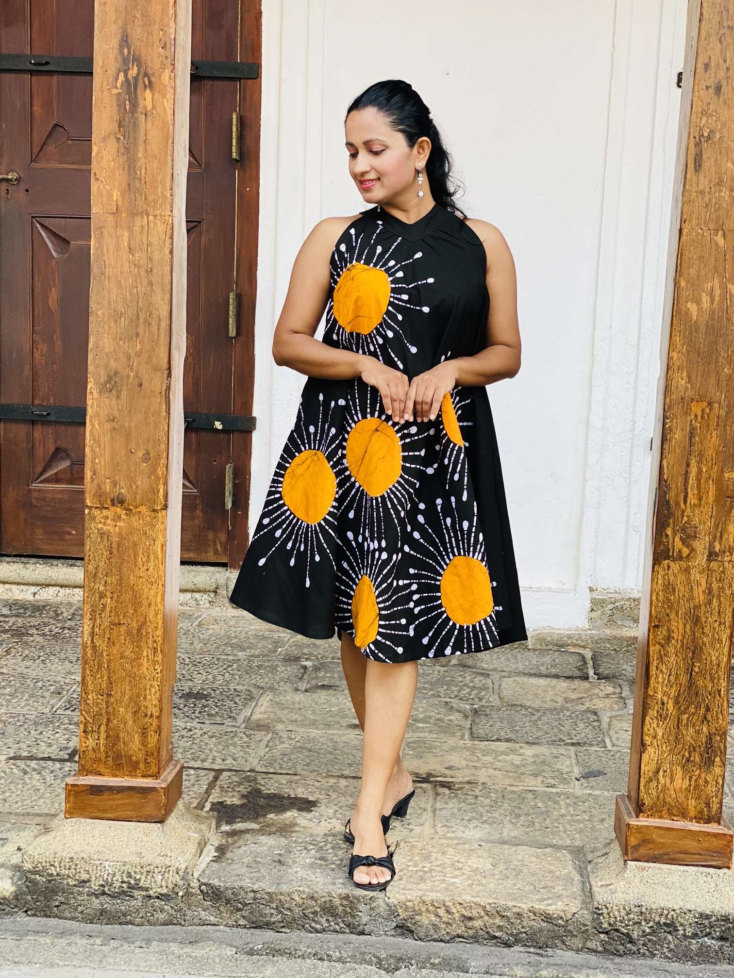 Sunburst Yellow and Black Sleeveless Halter Dress