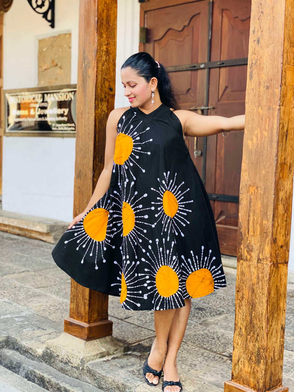 Sunburst Yellow and Black Sleeveless Halter Dress