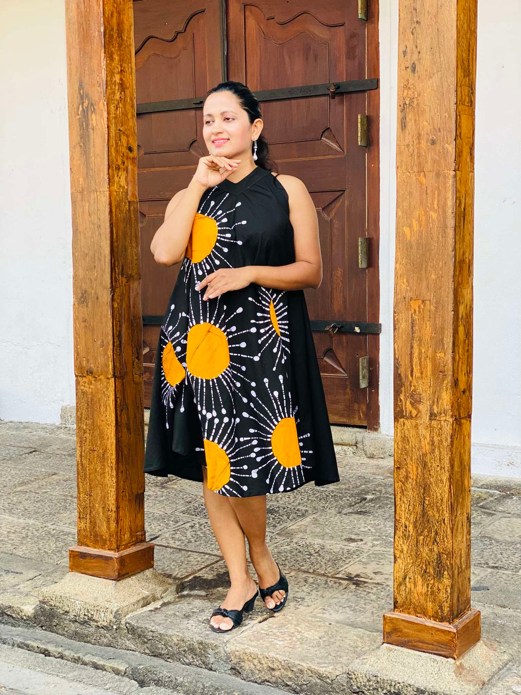 Sunburst Yellow and Black Sleeveless Halter Dress