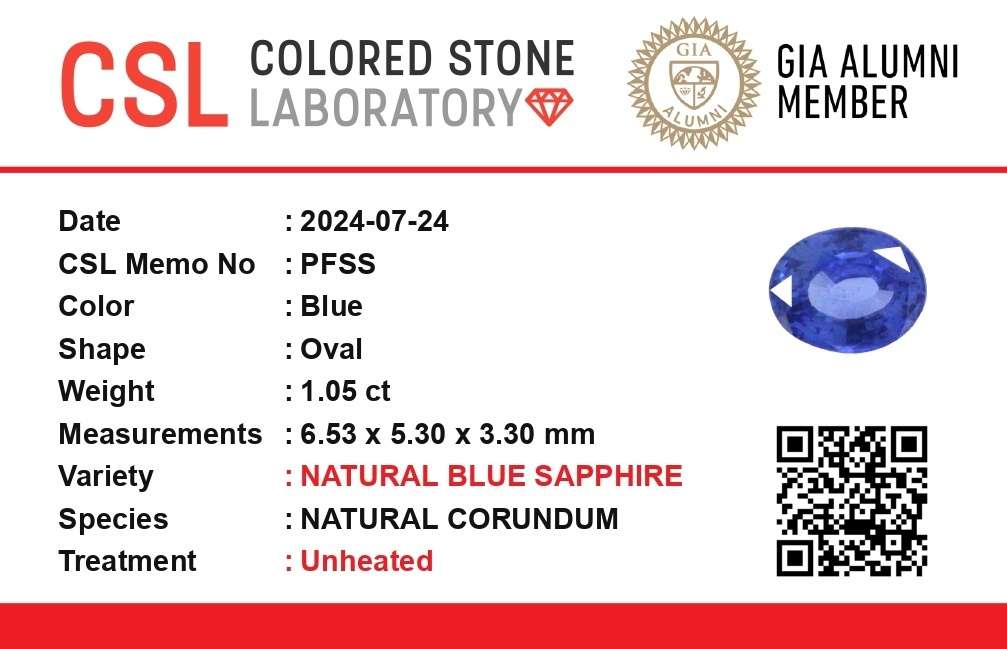 1.05 Carat Oval Shaped Ceylon Natural Unheated Blue Sapphire