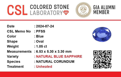 1.05 Carat Oval Shaped Ceylon Natural Unheated Blue Sapphire