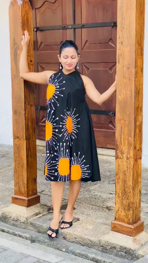 Sunburst Yellow and Black Sleeveless Halter Dress